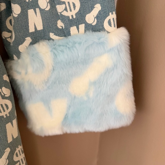 Namilia Peen print denim coat trench monogram dollar sign faux fur Dolls kill S - Picture 13 of 13